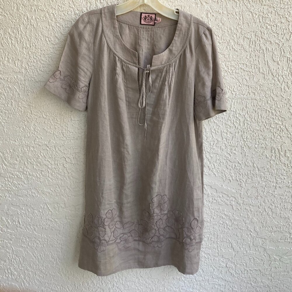 Juicy Couture Linen Dress Embroidered 100% Linen Sheath Beige  Sz 6